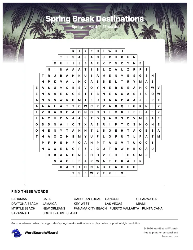 Spring Break Destinations word search printable sheet, 17 words to find