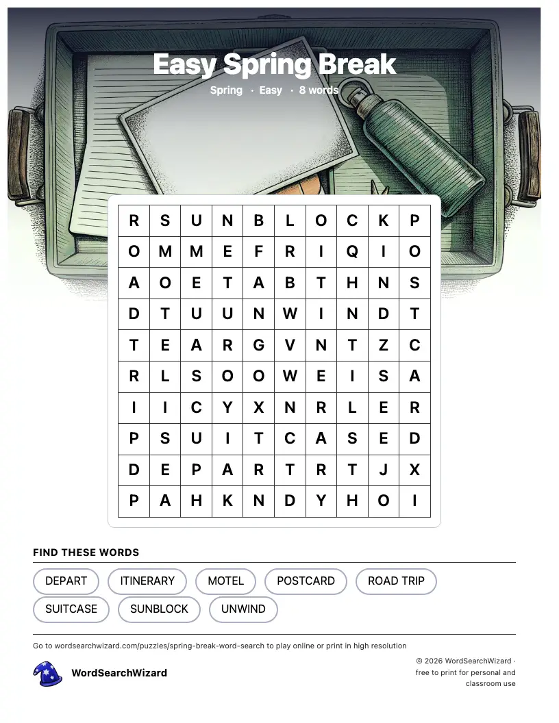 Easy Spring Break word search printable sheet, 8 words to find
