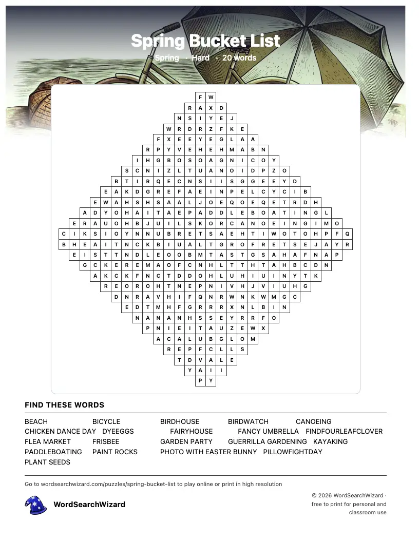 Spring Bucket List word search printable sheet, 20 words to find
