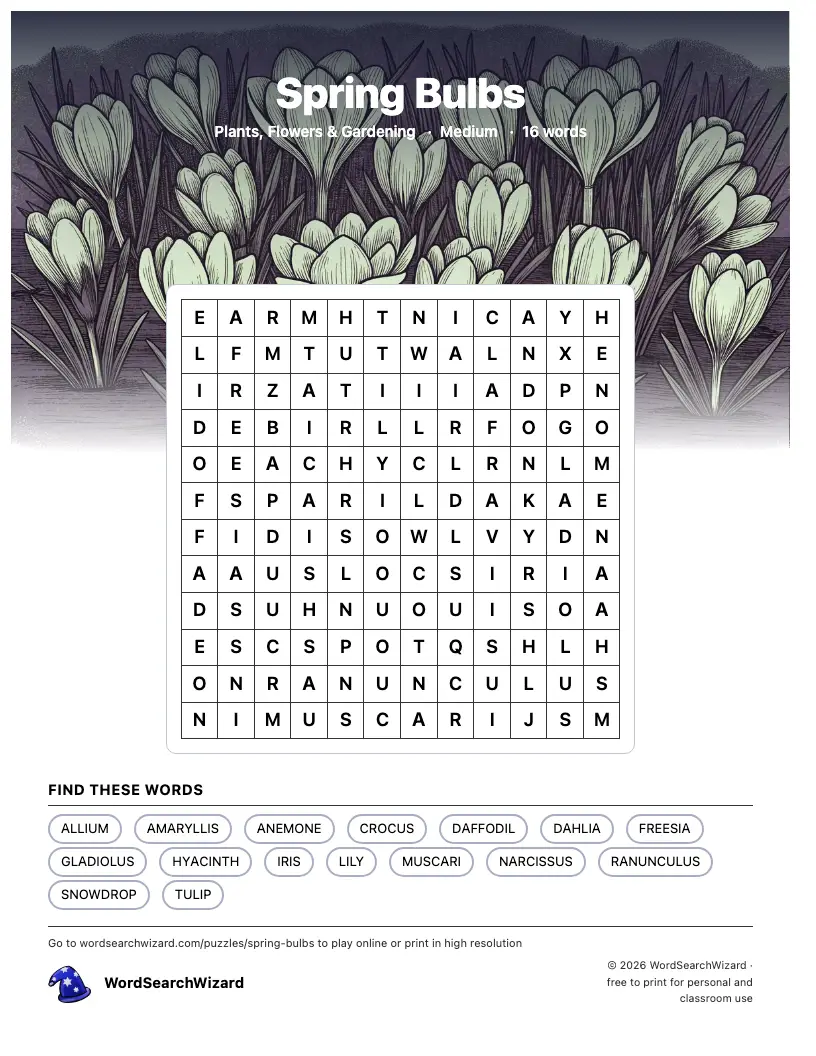 Spring Bulbs word search printable sheet, 16 words to find