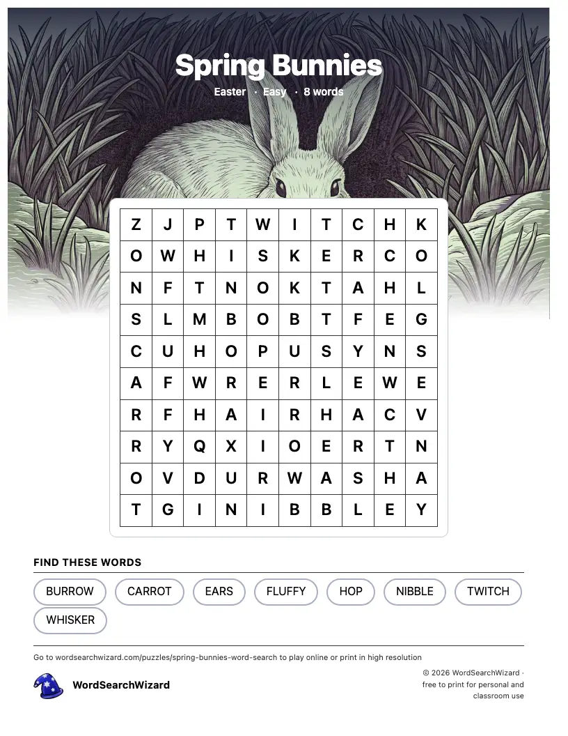 Spring Bunnies word search printable sheet, 8 words to find
