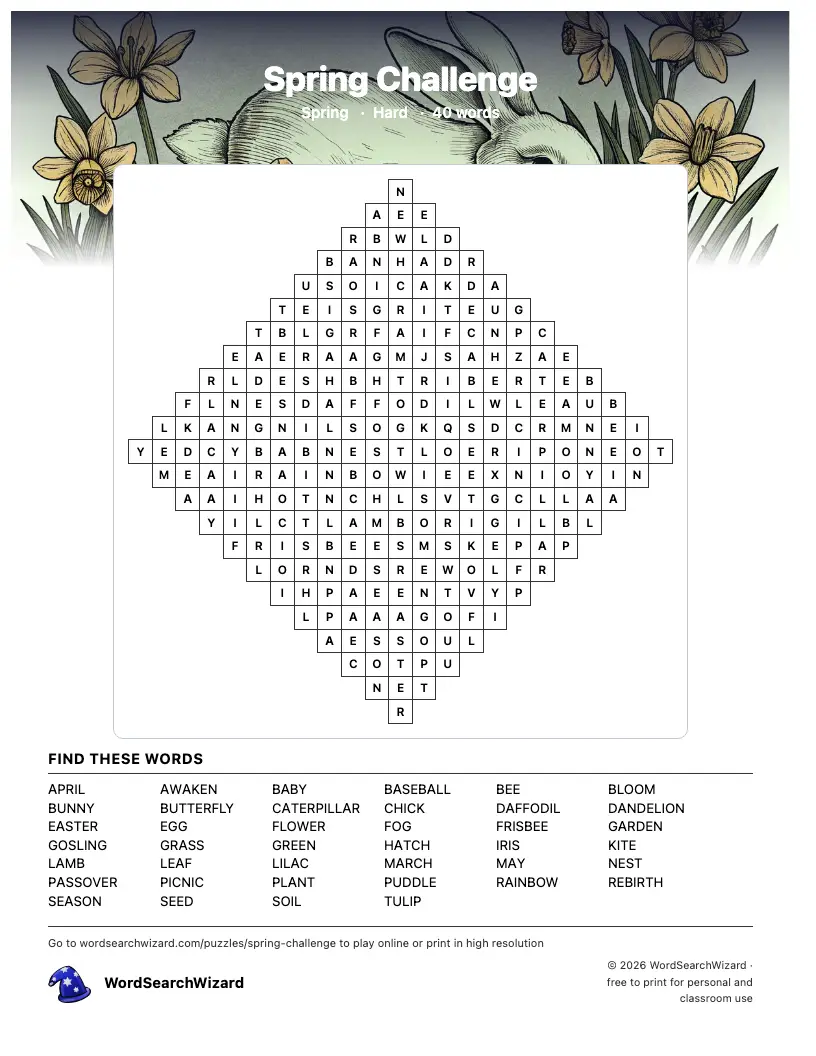 Spring Challenge word search printable sheet, 40 words to find