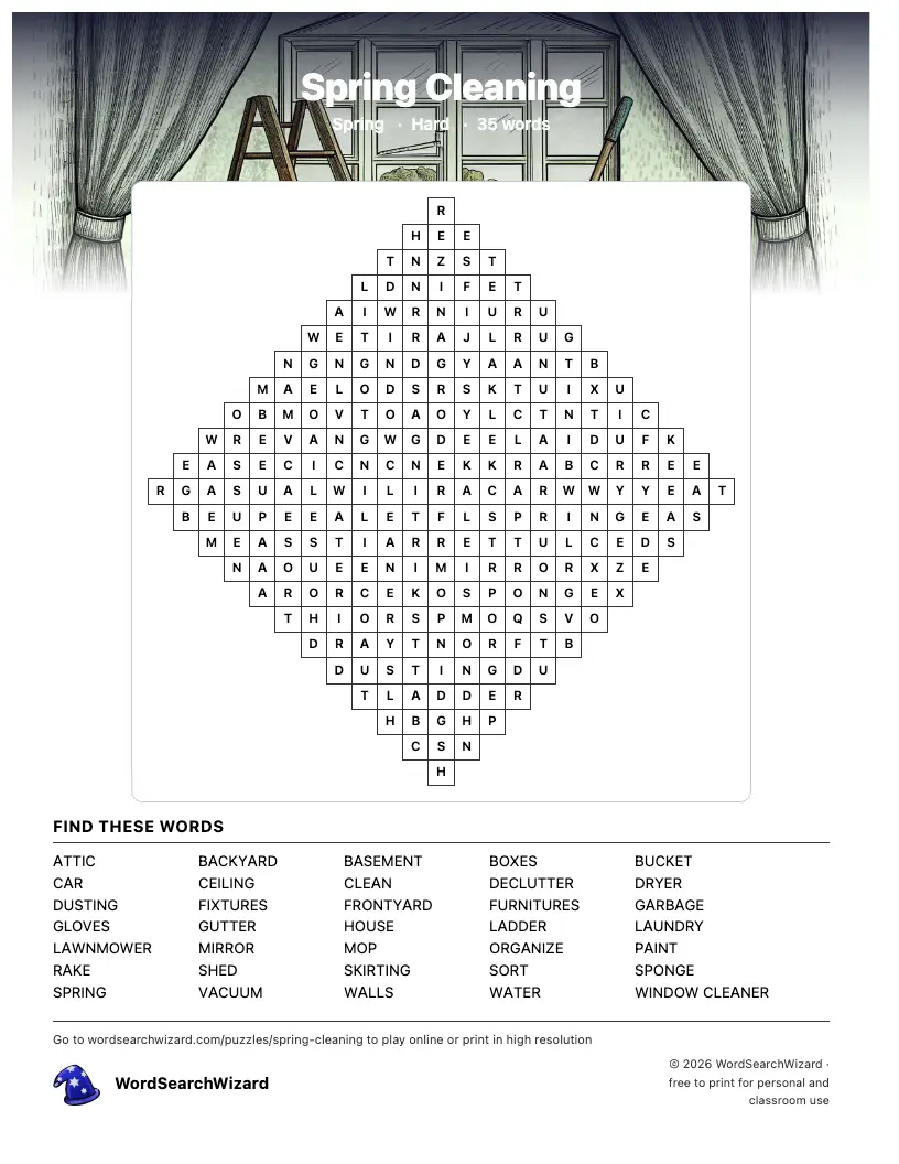 Spring Cleaning word search printable sheet, 35 words to find