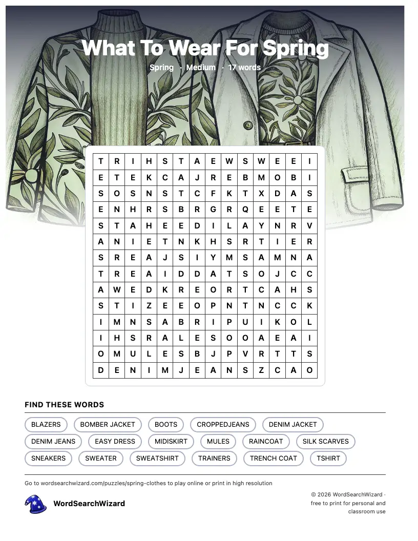 What To Wear For Spring word search printable sheet, 17 words to find