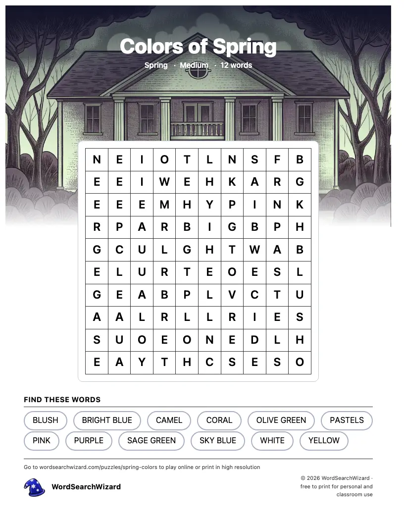Colors of Spring word search printable sheet, 12 words to find