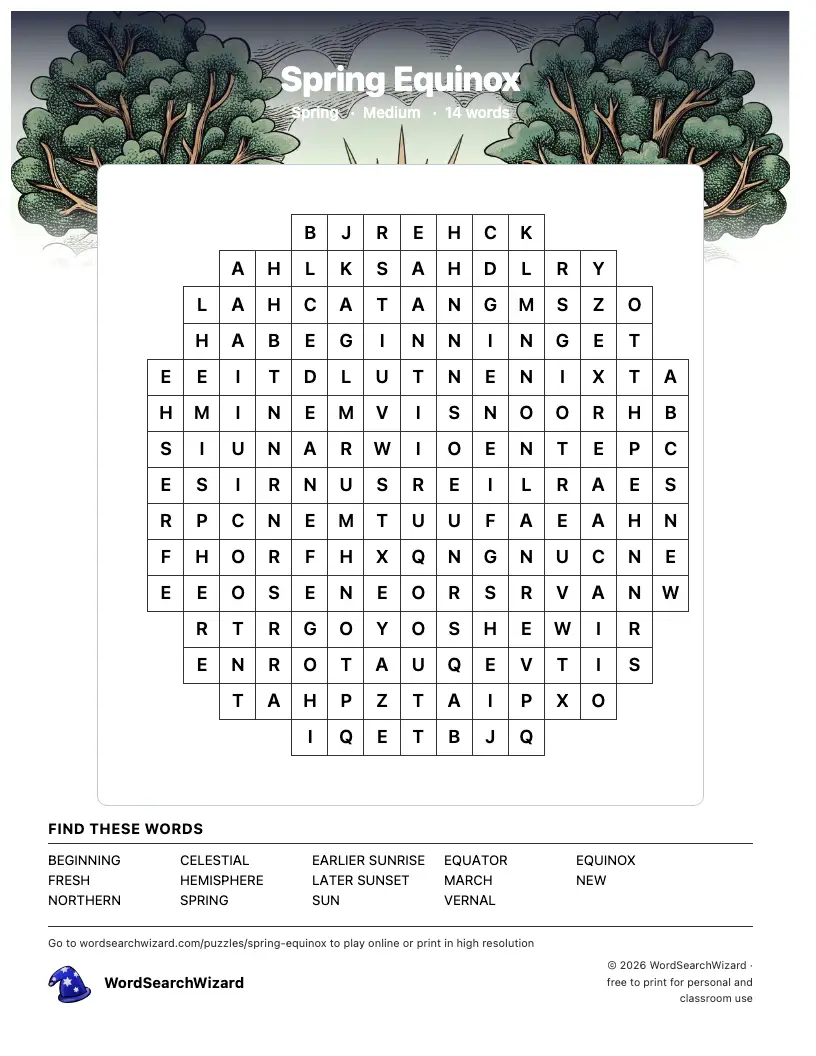Spring Equinox word search printable sheet, 14 words to find