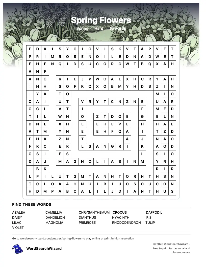 Spring Flowers word search printable sheet, 16 words to find