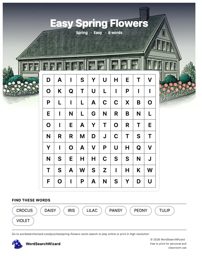 Easy Spring Flowers word search printable sheet, 8 words to find