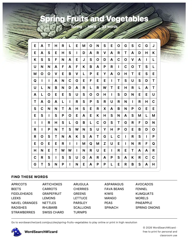 Spring Fruits and Vegetables word search printable sheet, 33 words to find