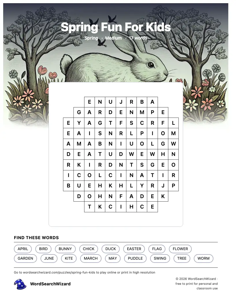 Spring Fun For Kids word search printable sheet, 17 words to find