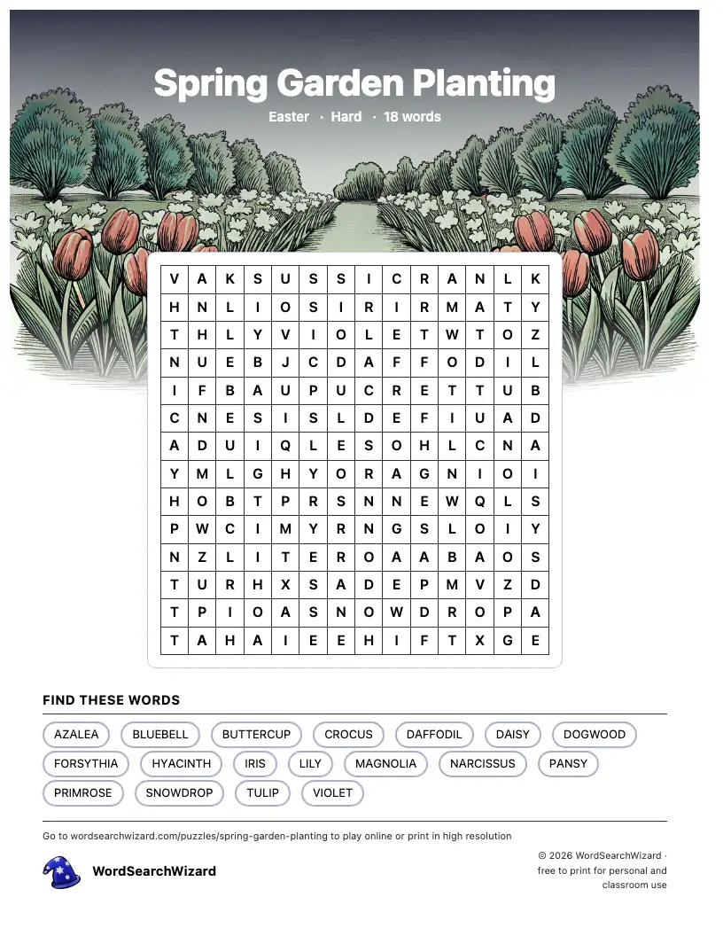 Spring Garden Planting word search printable sheet, 18 words to find