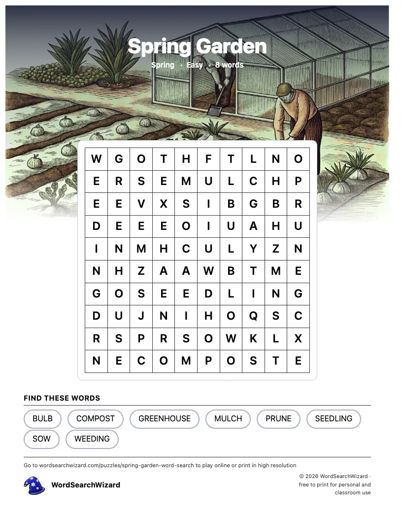 Spring Garden word search printable sheet, 8 words to find