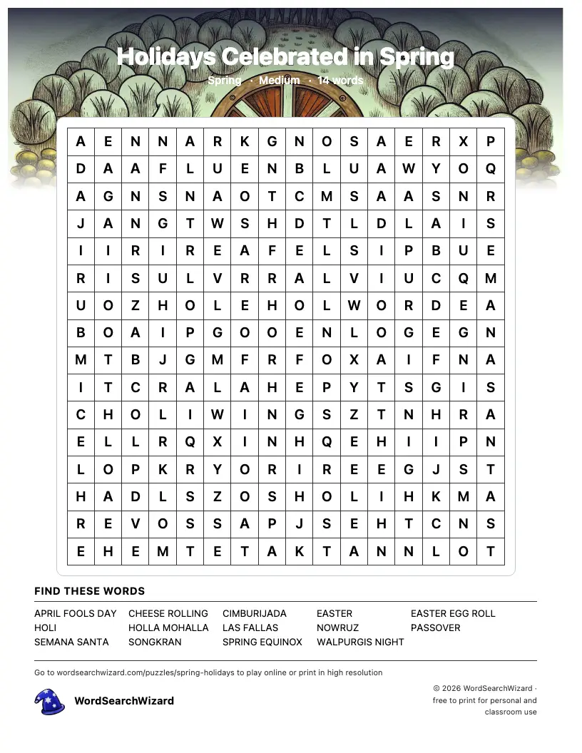 Holidays Celebrated in Spring word search printable sheet, 14 words to find