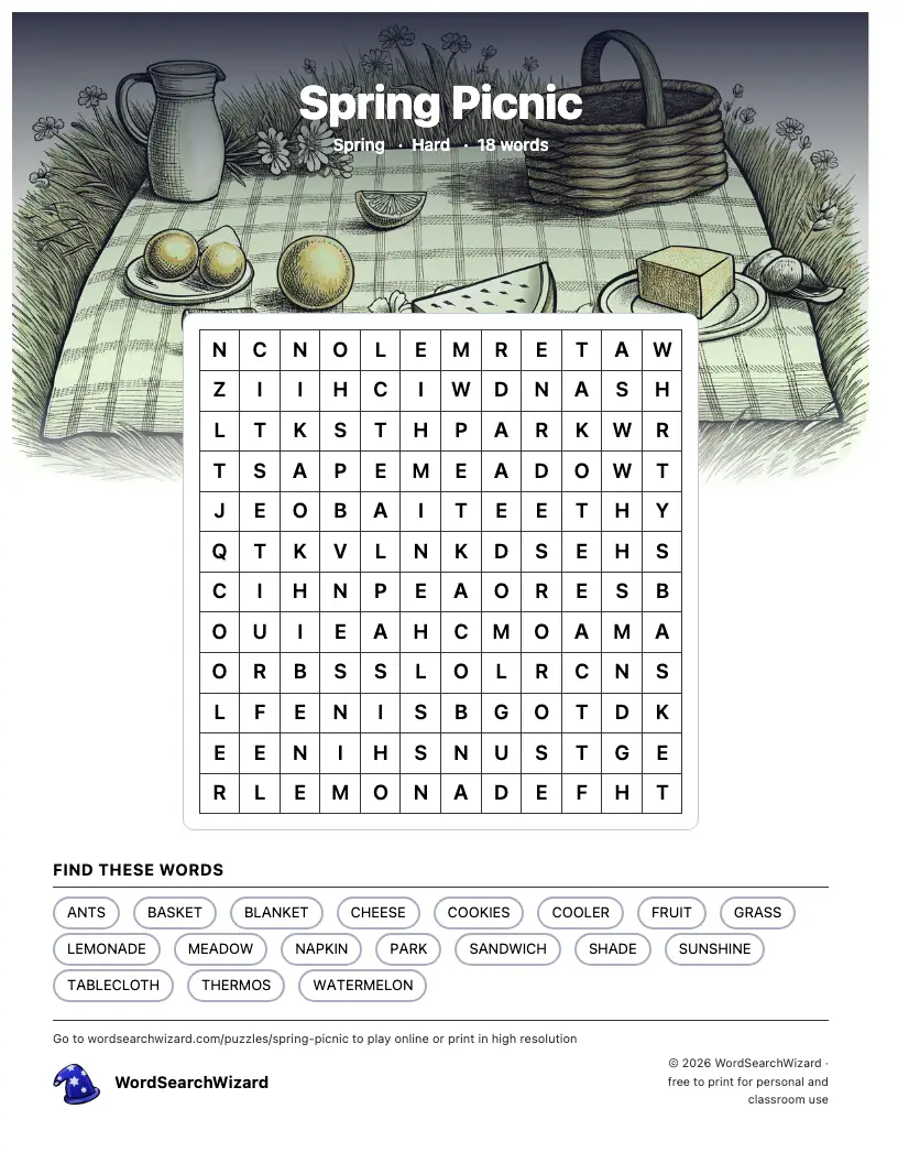 Spring Picnic word search printable sheet, 18 words to find