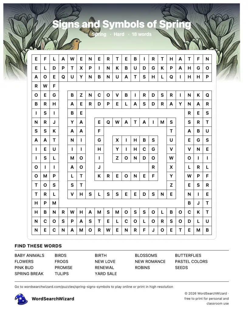 Signs and Symbols of Spring word search printable sheet, 18 words to find