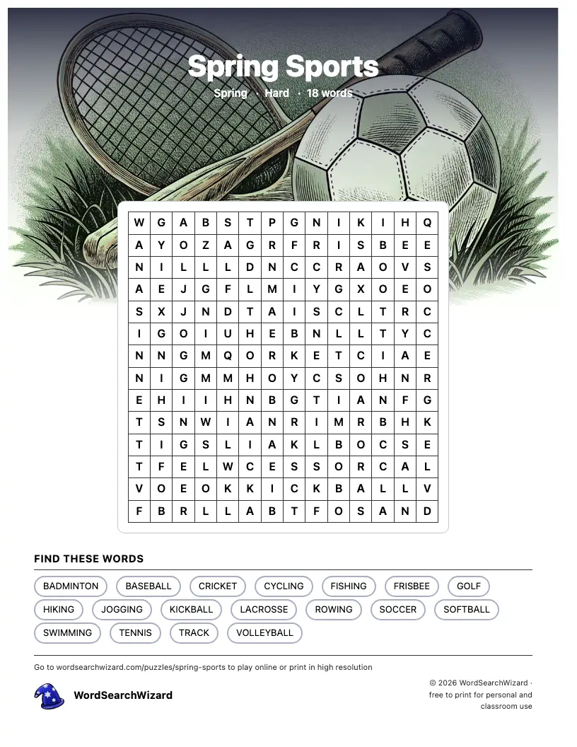 Spring Sports word search printable sheet, 18 words to find
