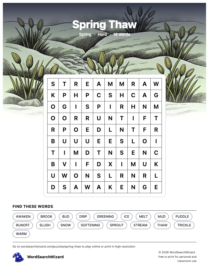 Spring Thaw word search printable sheet, 18 words to find