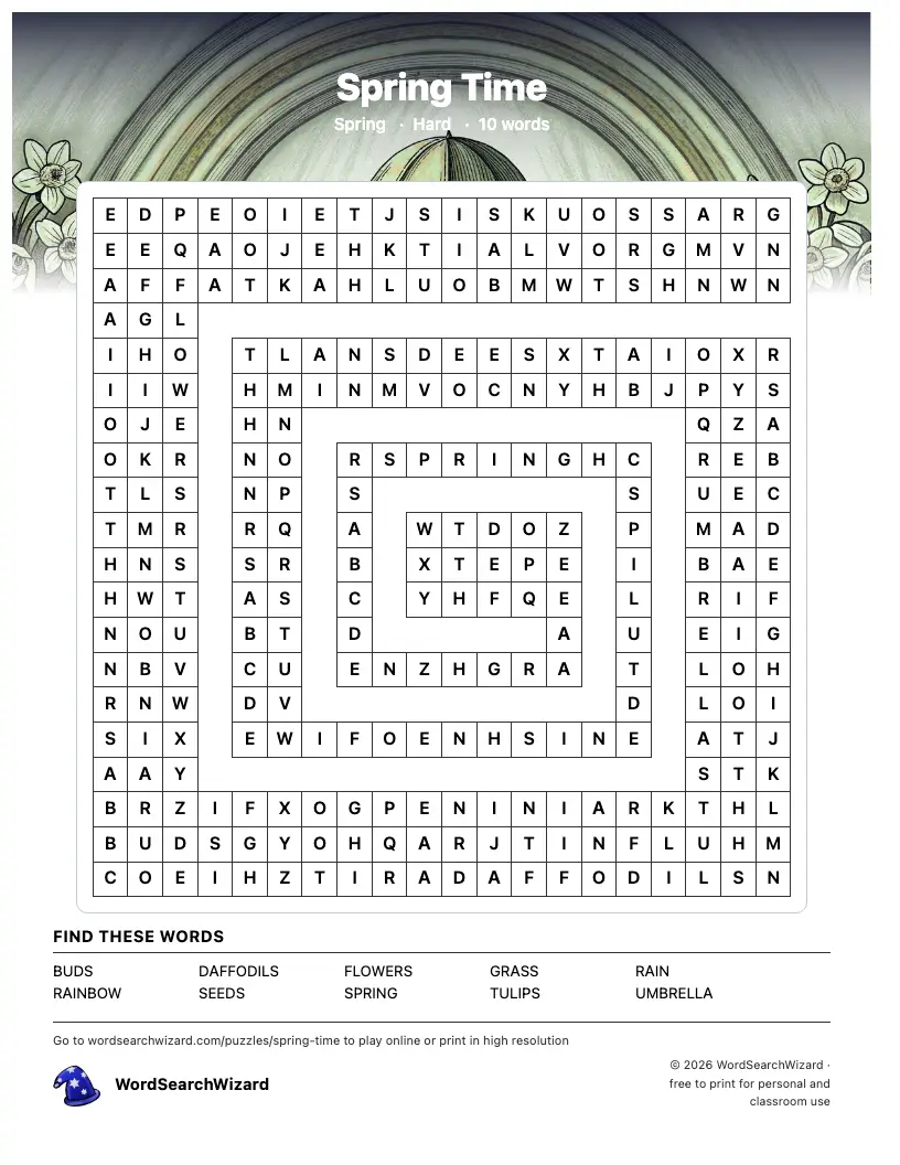 Spring Time word search printable sheet, 10 words to find