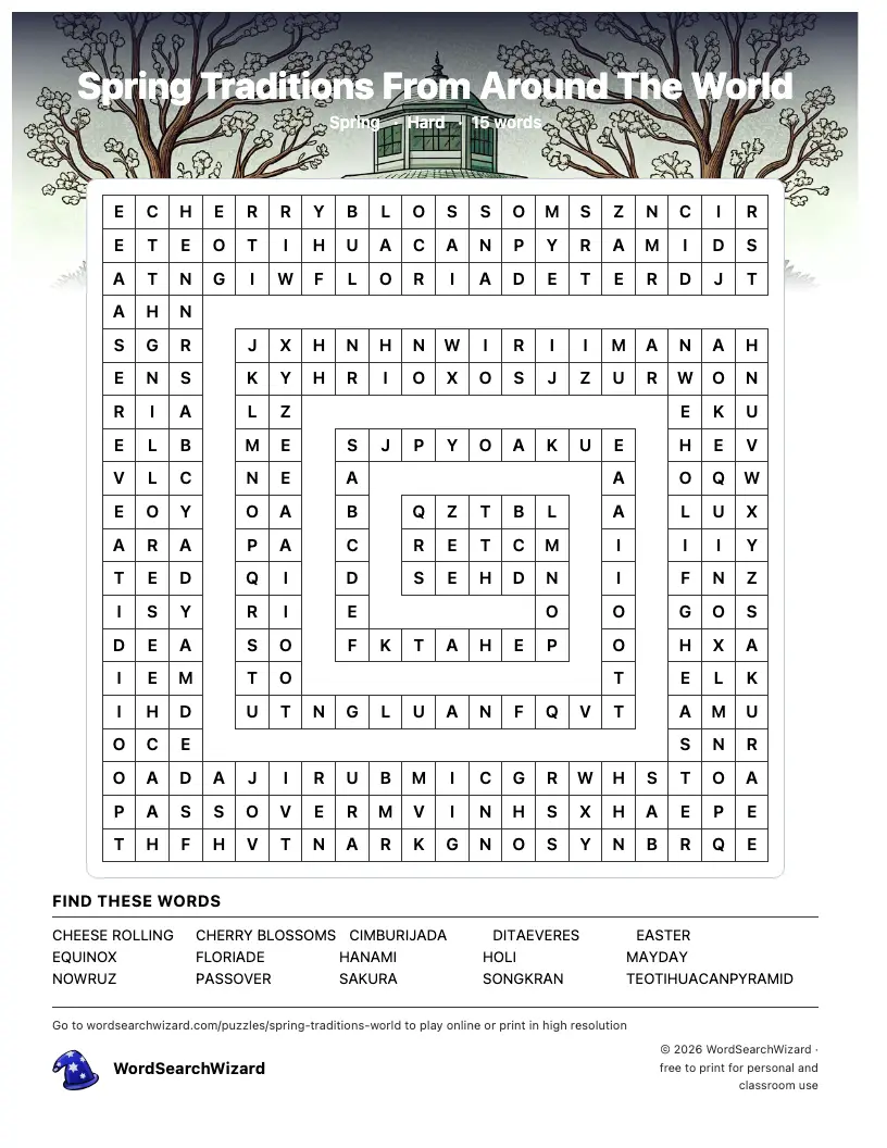 Spring Traditions From Around The World word search printable sheet, 15 words to find