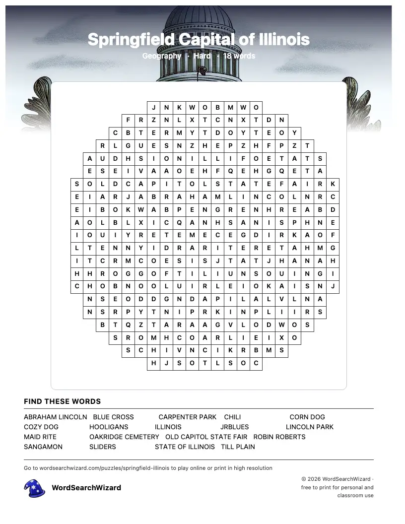 Springfield Capital of Illinois word search printable sheet, 18 words to find