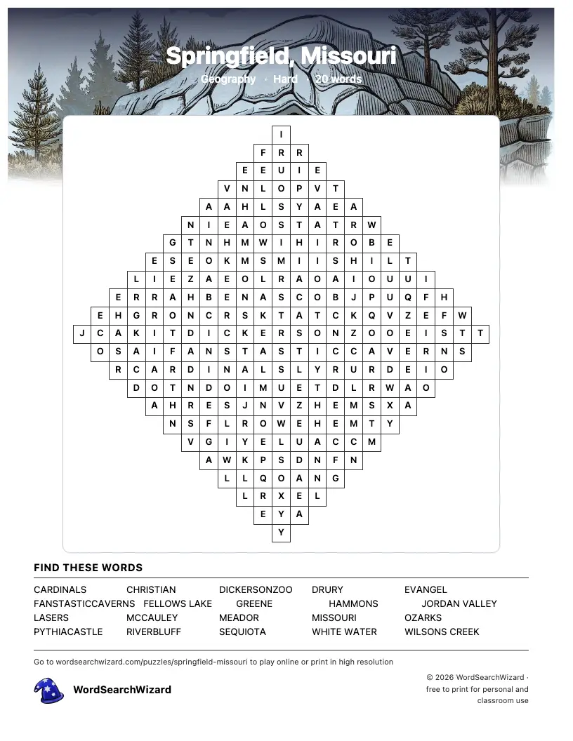 Springfield, Missouri word search printable sheet, 20 words to find