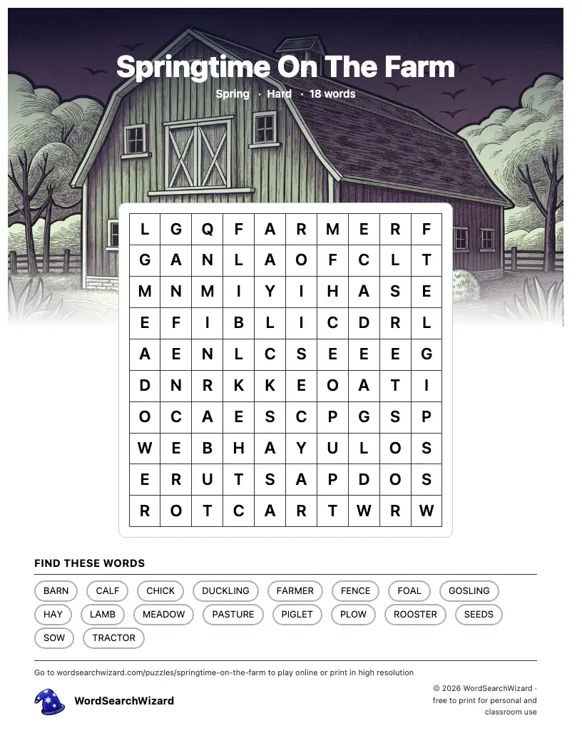Springtime On The Farm word search printable sheet, 18 words to find