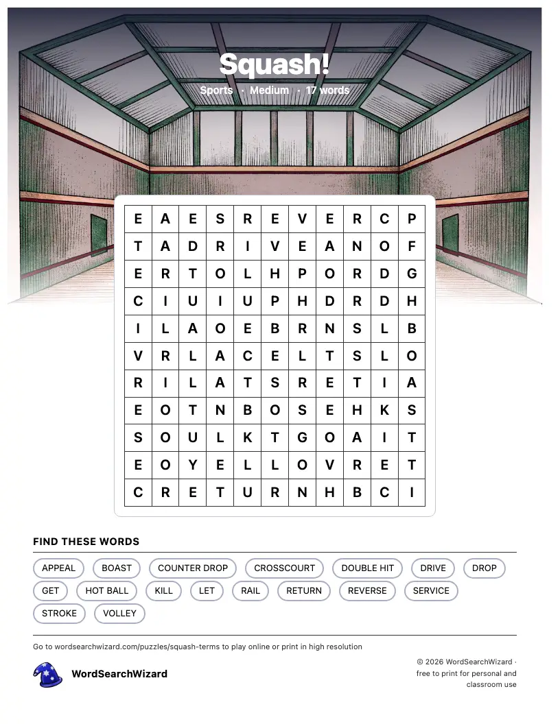 Squash! word search printable sheet, 17 words to find