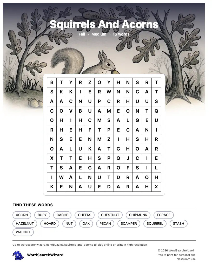 Squirrels And Acorns word search printable sheet, 16 words to find