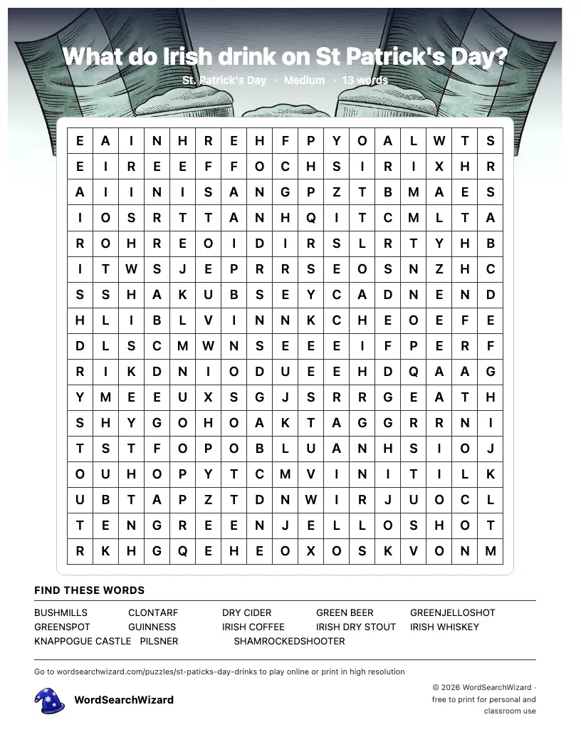 What do Irish drink on St Patrick's Day? word search printable sheet, 13 words to find