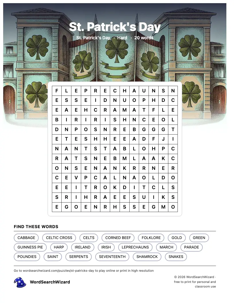 St. Patrick's Day word search printable sheet, 20 words to find