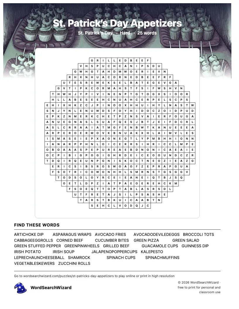 St. Patrick’s Day Appetizers word search printable sheet, 25 words to find