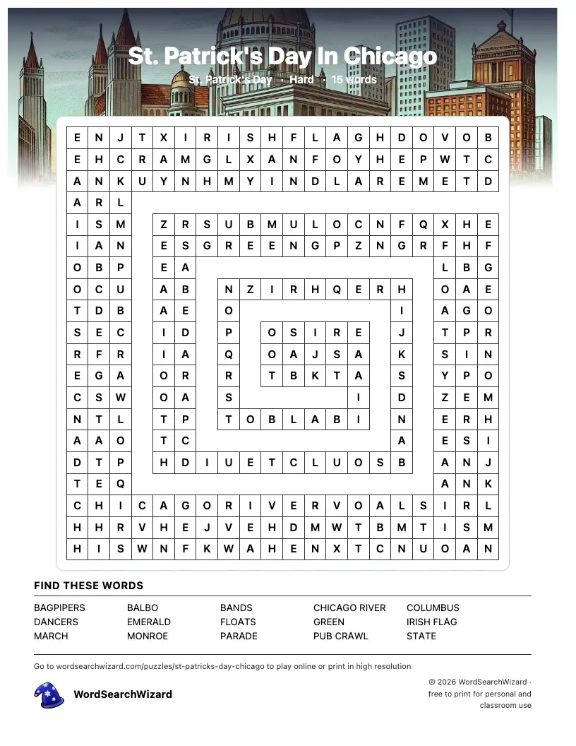 St. Patrick's Day In Chicago word search printable sheet, 15 words to find