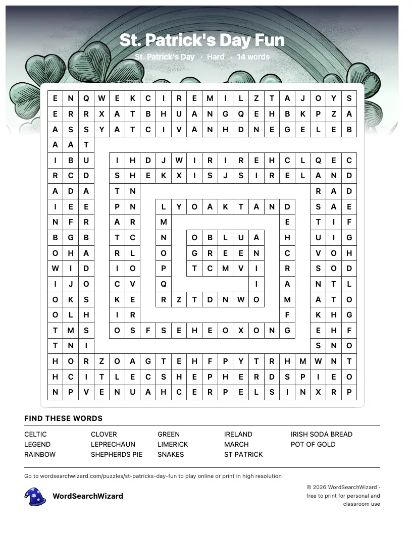 St. Patrick's Day Fun word search printable sheet, 14 words to find
