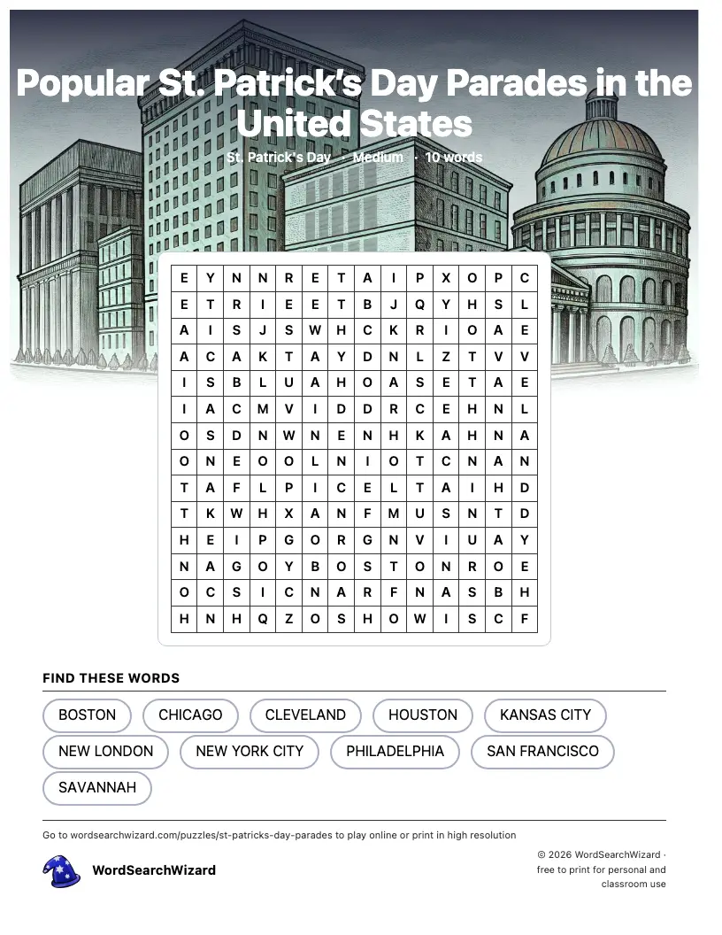 Popular St. Patrick’s Day Parades in the United States word search printable sheet, 10 words to find