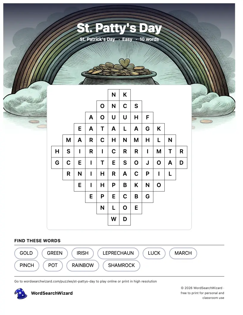 St. Patty's Day word search printable sheet, 10 words to find