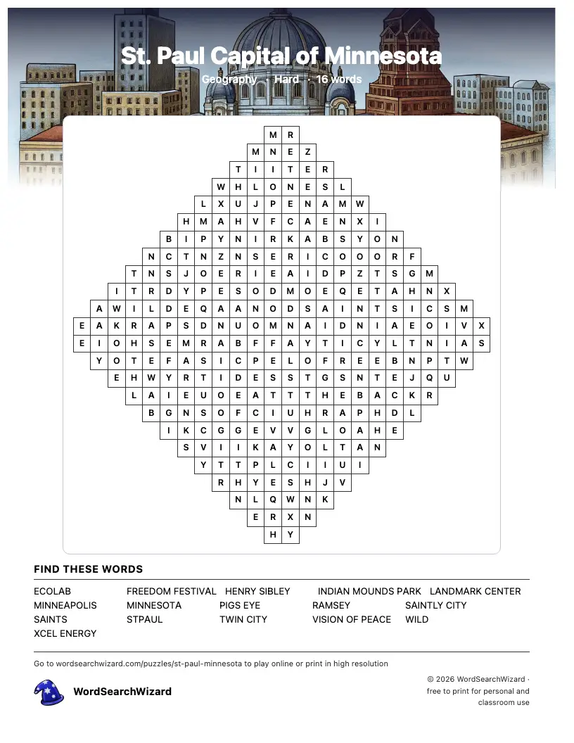 St. Paul Capital of Minnesota word search printable sheet, 16 words to find