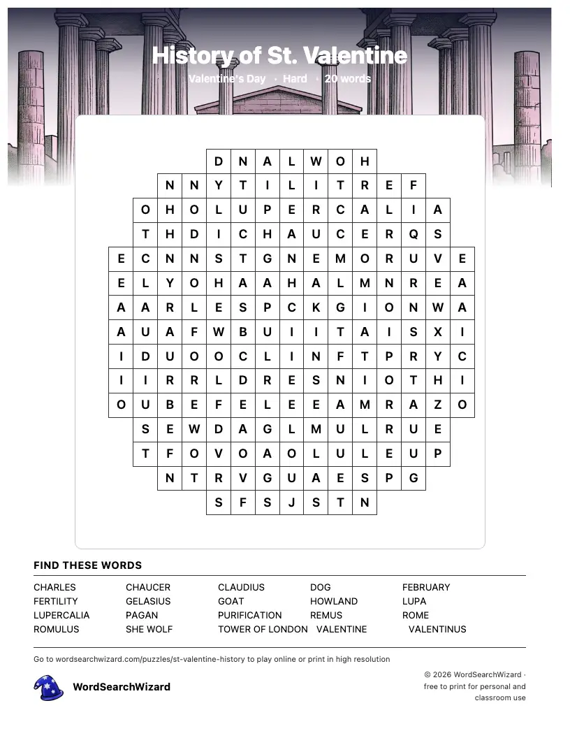 History of St. Valentine word search printable sheet, 20 words to find