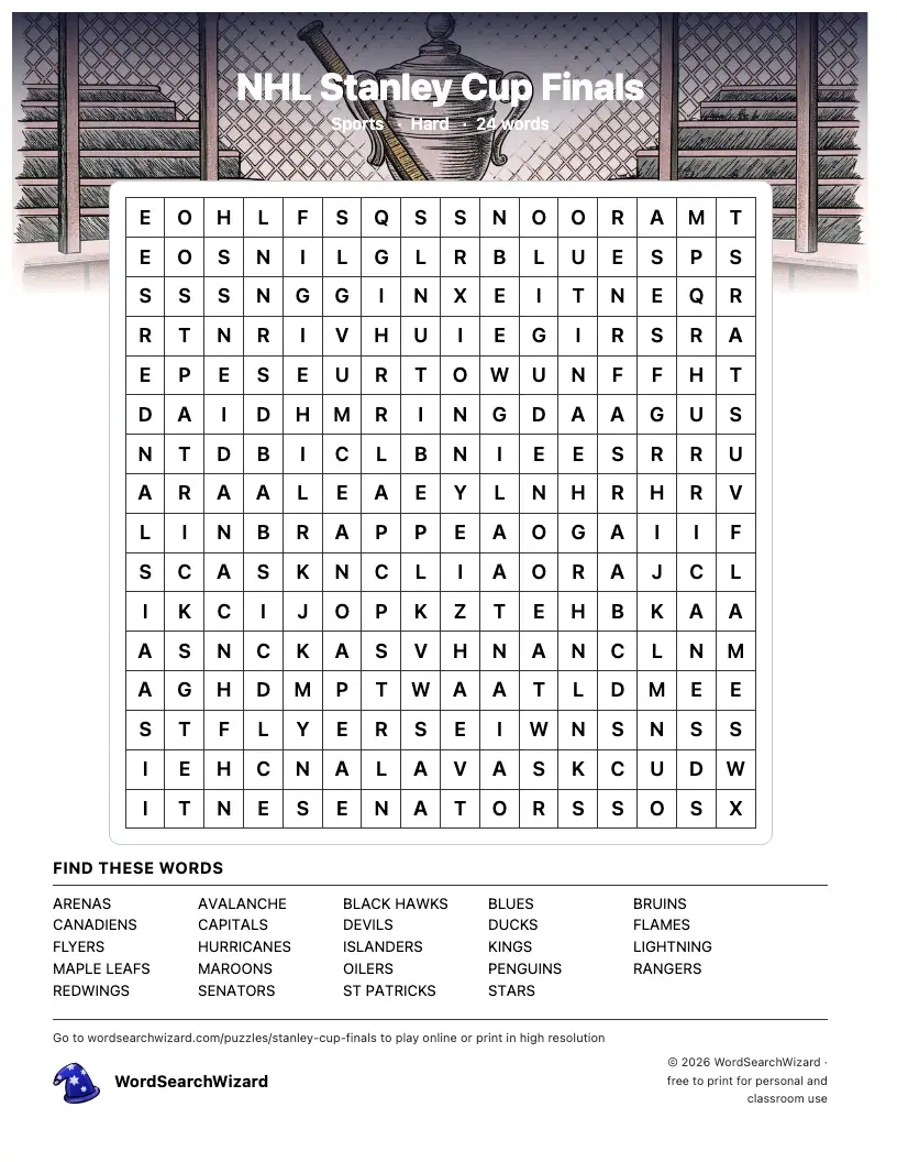 NHL Stanley Cup Finals word search printable sheet, 24 words to find