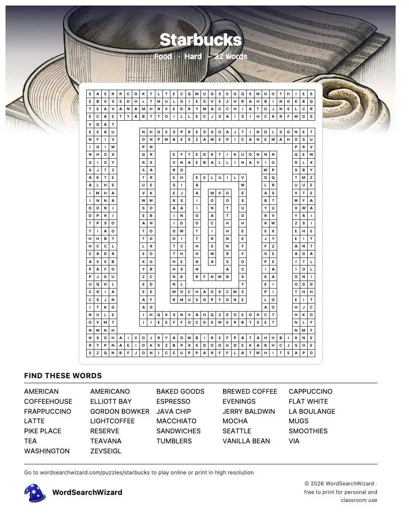 Starbucks word search printable sheet, 32 words to find