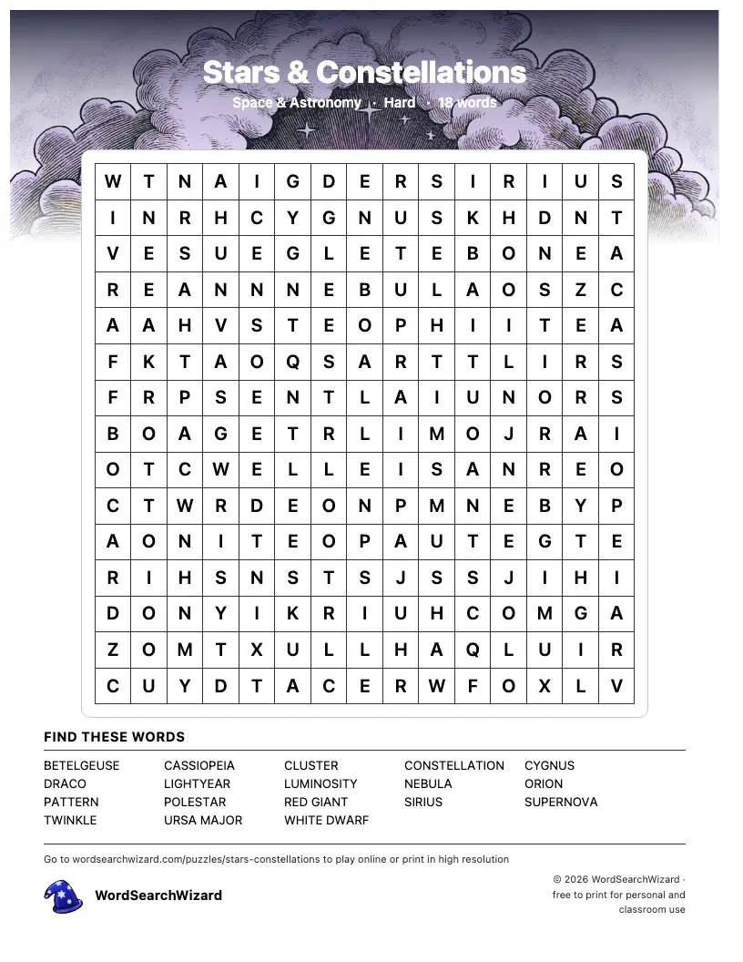 Stars & Constellations word search printable sheet, 18 words to find