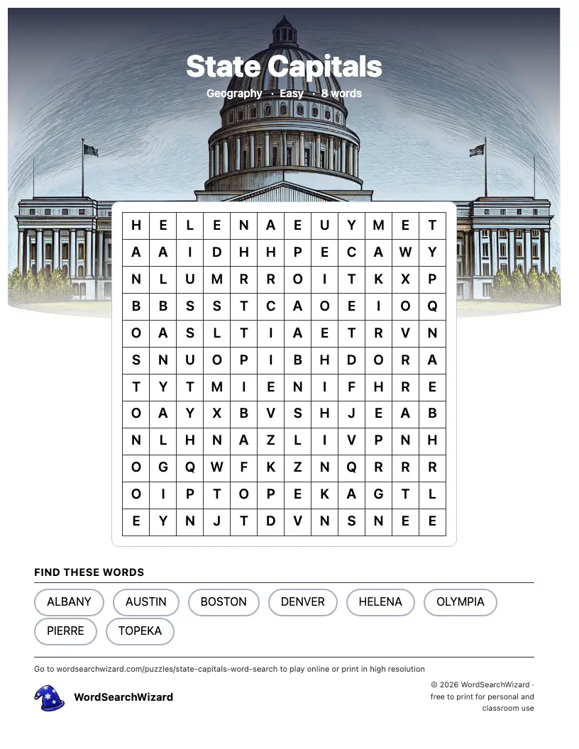 State Capitals word search printable sheet, 8 words to find