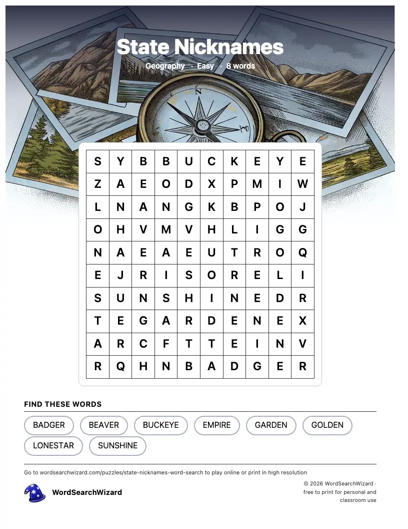 State Nicknames word search printable sheet, 8 words to find