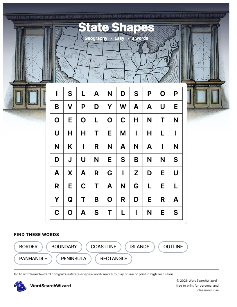 State Shapes word search printable sheet, 8 words to find