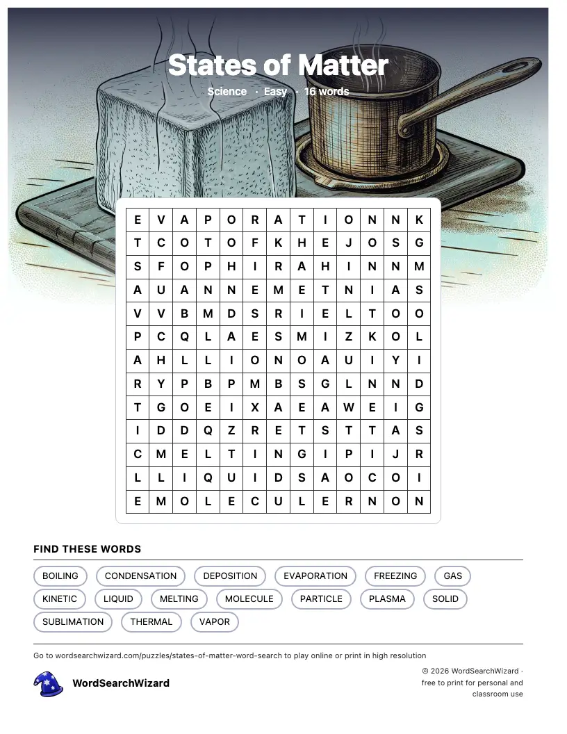 States of Matter word search printable sheet, 16 words to find