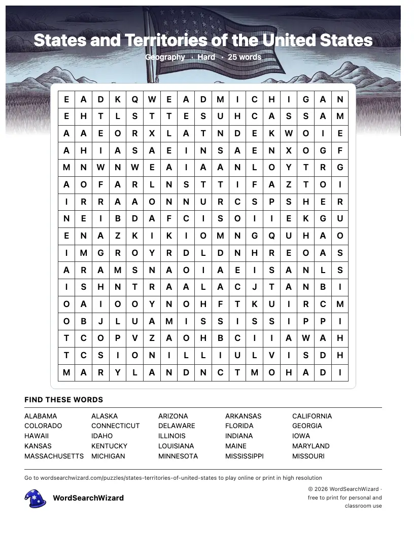 States and Territories of the United States word search printable sheet, 25 words to find