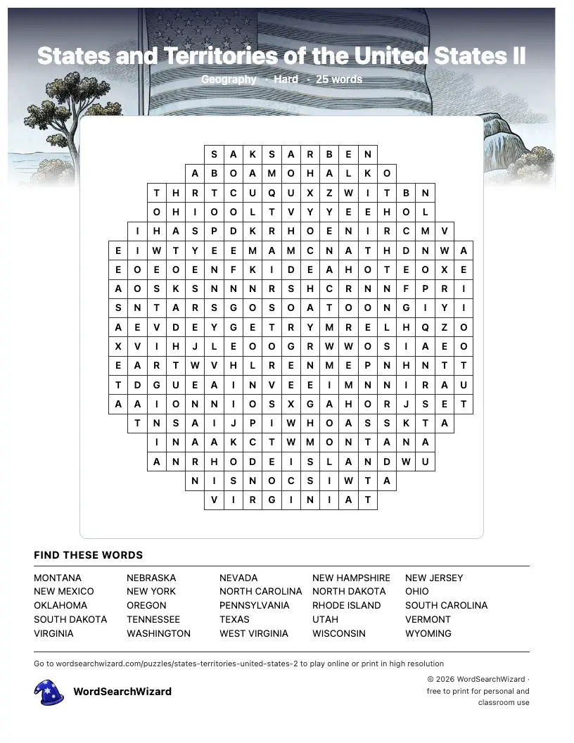 States and Territories of the United States II word search printable sheet, 25 words to find