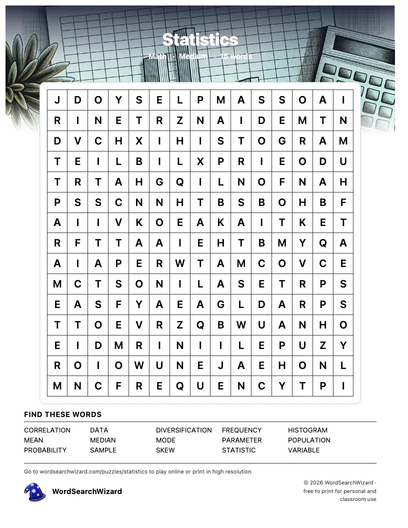 Statistics word search printable sheet, 15 words to find