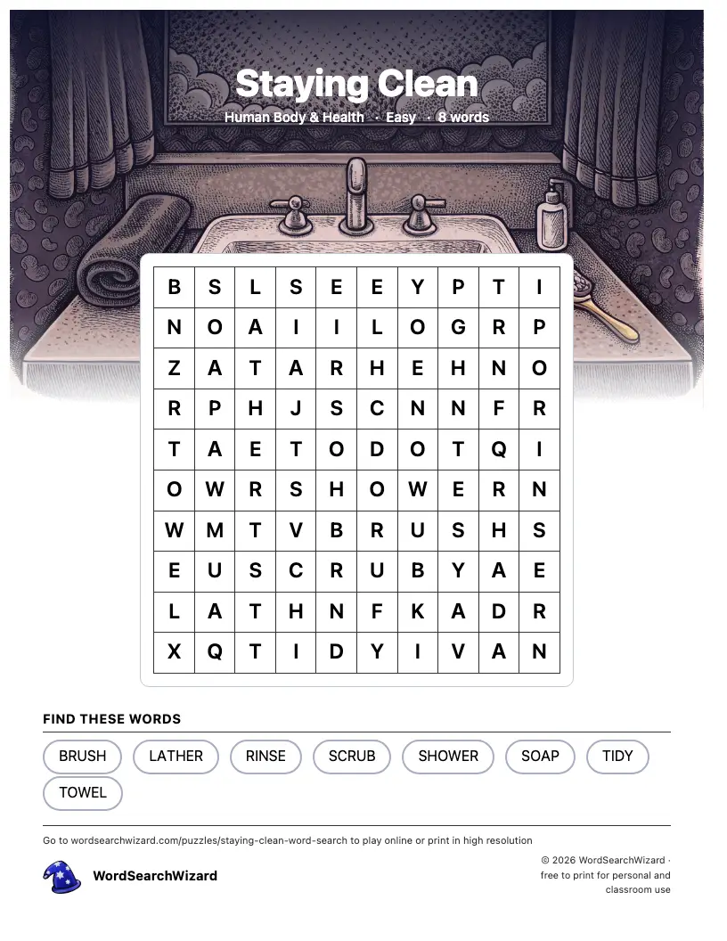 Staying Clean word search printable sheet, 8 words to find