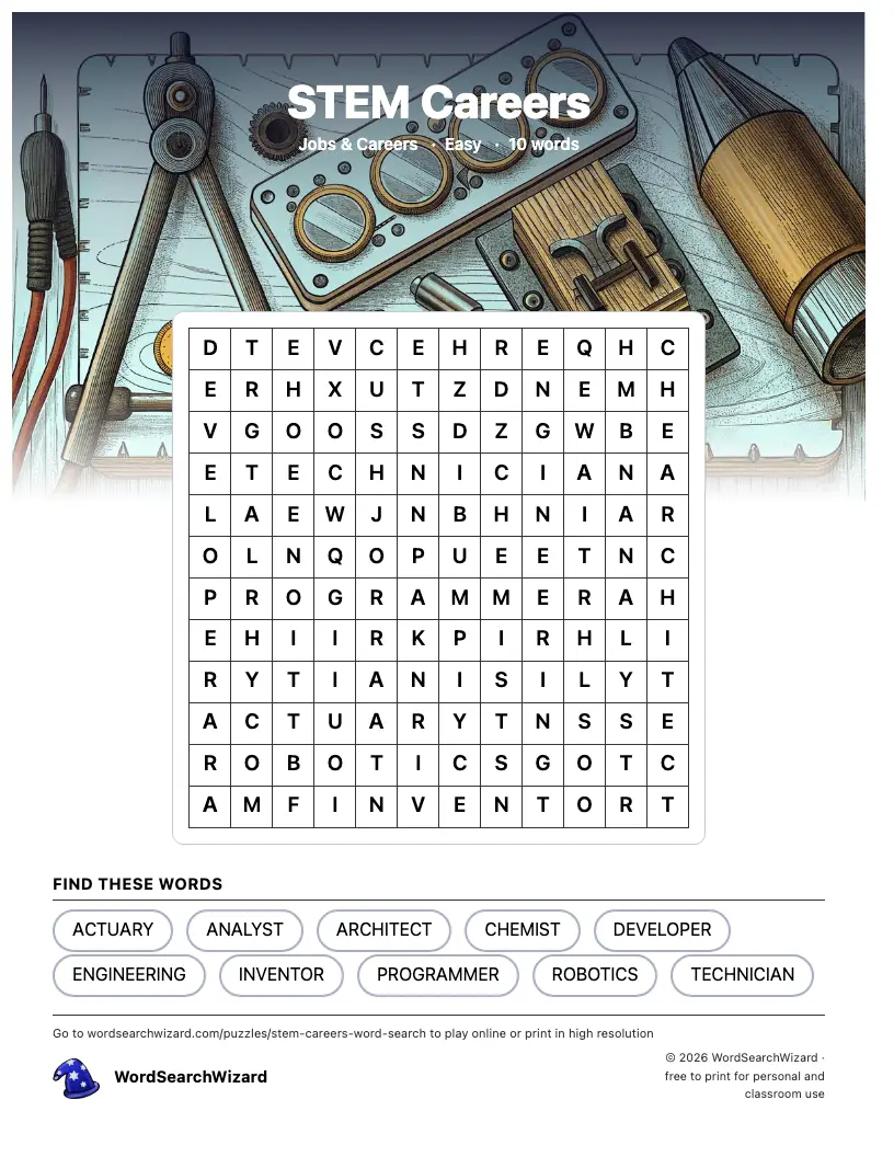 STEM Careers word search printable sheet, 10 words to find