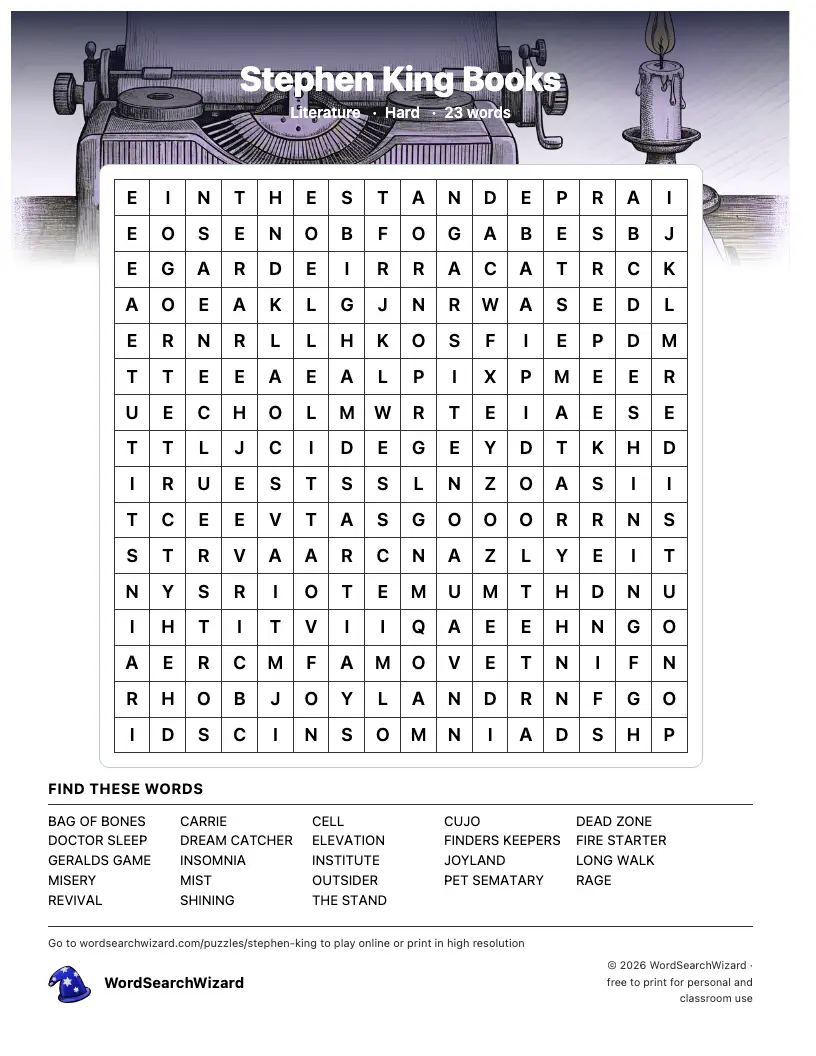 Stephen King Books word search printable sheet, 23 words to find